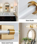 Golden Vanity Light Fixture Over Mirror 360 Degree LED Bath Bar 22 Inch Dimmable 4000K with glass accent for bathrooms