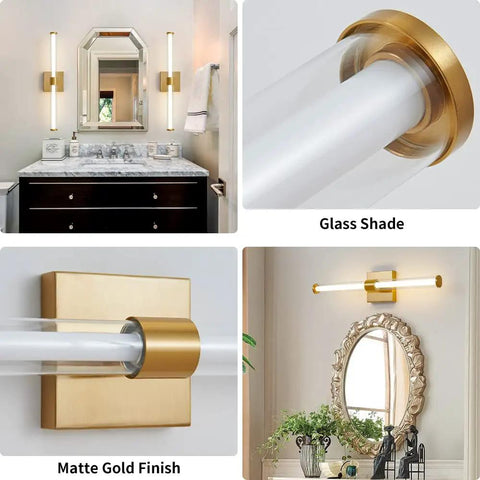 Golden Vanity Light Fixture Over Mirror 360 Degree LED Bath Bar 22 Inch Dimmable 4000K with glass accent for bathrooms