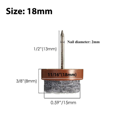 Close-up of 40 Piece Round Heavy Duty Nail On Felt Pads For Furniture Legs showing dimensions and brown color with 18mm nail diameter.