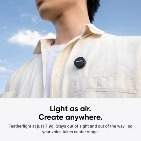 Man wearing wireless mic air transmitter for vlog streaming, ultralight 7.9g, seamless sync, on beige shirt outdoors