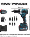 Cordless Electric Rivet Nut Gun With Rechargeable High Capacity Battery And Automatic Riveting For M3 Through M12 Sizes, showing various nuts and charger.