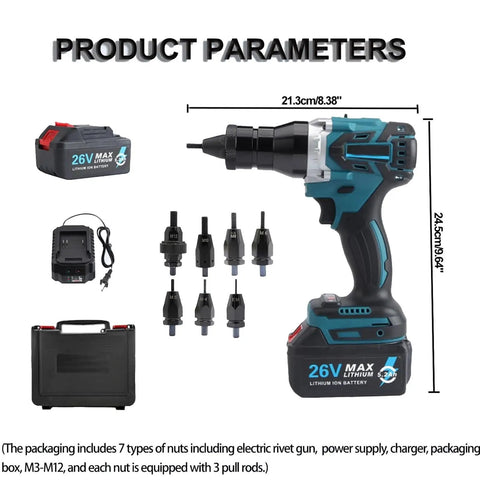 Cordless Rivet Nut Gun Set With Automatic Electric Riveter And 26V Battery Portable Toolkit for precise fastening tasks.