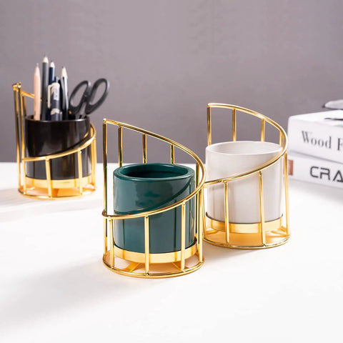White and Gold Ceramic Pen Holder with Metal Frame for Desk Aesthetic Pencil Cup and Makeup Brush Organizer Chic Office Desk Accessory