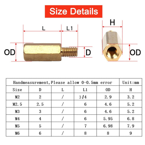 40 Piece Hex Brass Male Female Standoff Spacer Screws Nuts Assortment Kit For Electronics And Do It Yourself Projects Pro Grade Dual Threaded Ends Precision Machined Great For Circuit Boards Enclosures And DIY Chassis Builds size chart with M2-M6 dimensions