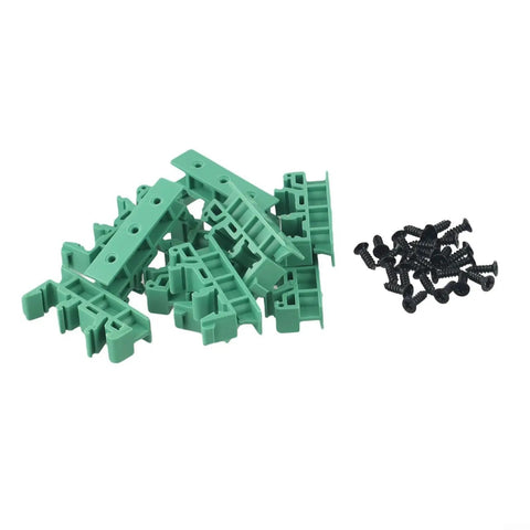 Rock Solid DIN Rail PCB Mounting Bracket 35mm Green Plastic Secure Vibration Resistant Mounting Clamp For Standard 35mm DIN Rails In Industrial Environments Easy Snap In Design For Quick Installation And Stable Performance In Dusty Harsh Environments. green 35mm DIN rail PCB brackets with screws