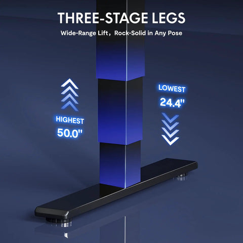 FLEXISPOT E6G CyberX RGB LED Electric Gaming Standing Desk 55 Inch showing three-stage legs with height adjustments from 24.4" to 50".