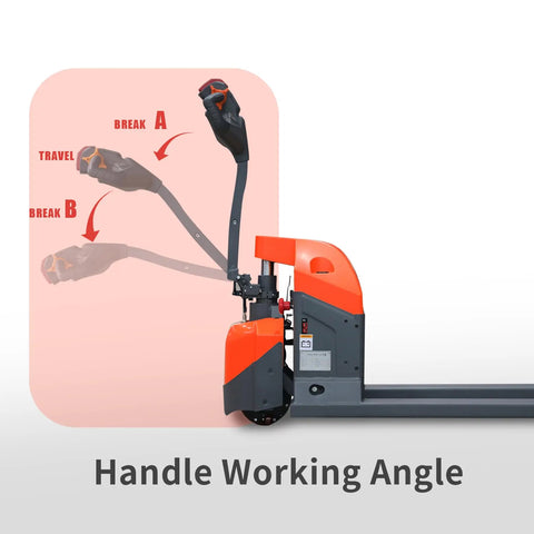 Heavy Duty Tory 3300 Lb Full Electric Pallet Jack With Long Battery Life showing multifunction handle working angle.
