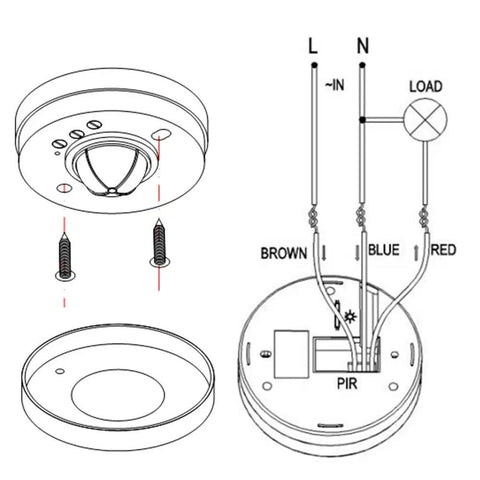 Installation diagram for 360 Degree Ceiling Occupancy Sensor With 3 Detectors, High Sensitivity PIR Motion Light Switch.