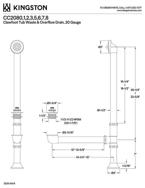 Diagram of Vintage Claw Foot Tub Drain With Lift And Turn Polished Chrome Finish Solid Brass Construction 27 And 5 Eighths Inch