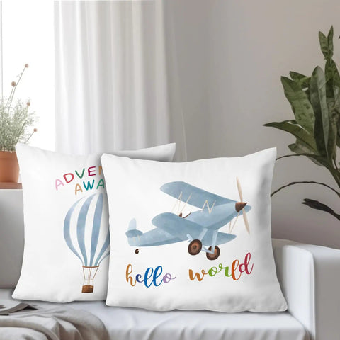 Soft Flannel Nursery Pillow Cases 18x18 Set Of 2 Featuring Hot Air Balloon And Airplane Theme For Boys Room And Toddler Playroom