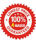 Lowest price guaranteed seal featuring 100% Nasco in red and yellow colors, indicating price assurance.