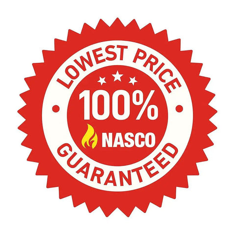 Lowest price guaranteed seal featuring 100% Nasco in red and yellow colors, indicating price assurance.