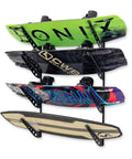 Four Level Wakeboard Wall Mount Rack For Garage And Boat House - Heavy Duty Wake Surf Board Rack, Water Ski Storage, Black with boards
