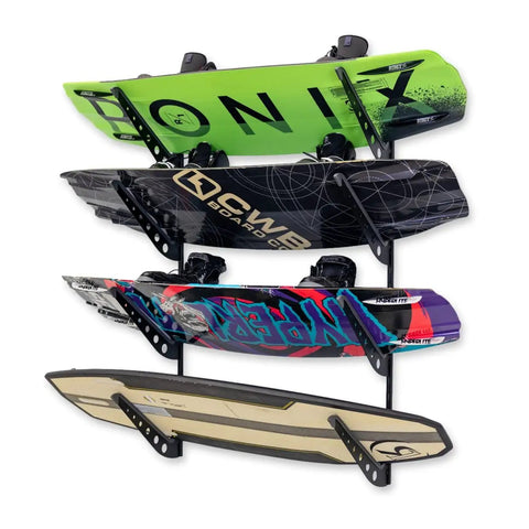 Four Level Wakeboard Wall Mount Rack For Garage And Boat House - Heavy Duty Wake Surf Board Rack, Water Ski Storage, Black with boards