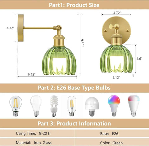 Vintage Wireless Rechargeable Led Wall Sconce Set Of Two Featuring Remote Dimmable Switch And Sleek Gold Finished Green Tulip Glass Shade For Bedroom Living Room Straight Up Gorgeous product dimensions and E26 bulb types.