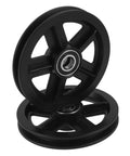 Kickass Heavy Duty Sliding Door Pulley Wheel Kit With Rigid Casters For Barn Door Track System showing black rollers and bearings.