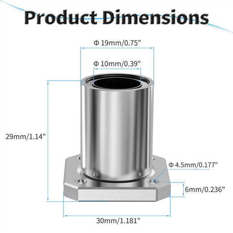 4 Pack LMK10UU Square Flange Linear Ball Bearing Set With Double Seal, 10mm ID, showing dimensions 19mm OD, 29mm Length