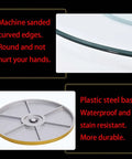 Solid Tempered Glass Lazy Susan Turntable Featuring Smooth 360 Spin And Safe Round Edge Guard with machine sanded edges and plastic steel base.