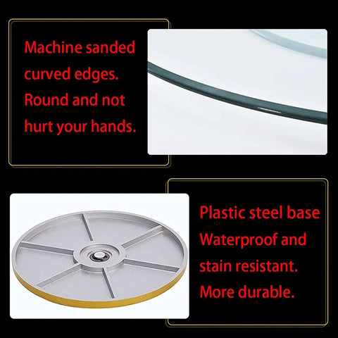 Close-up of Transparent Tempered Glass Lazy Susan Featuring A Slick Swivel Plate and Safer Flared Rim for easy serving.