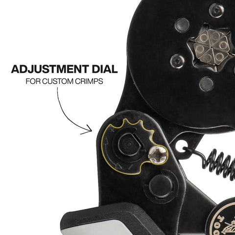 Close-up of adjustment dial on Ratcheting Ferrule Crimping Tool Set With Hex Pliers For 10-22 AWG Wire, enhancing crimp precision.