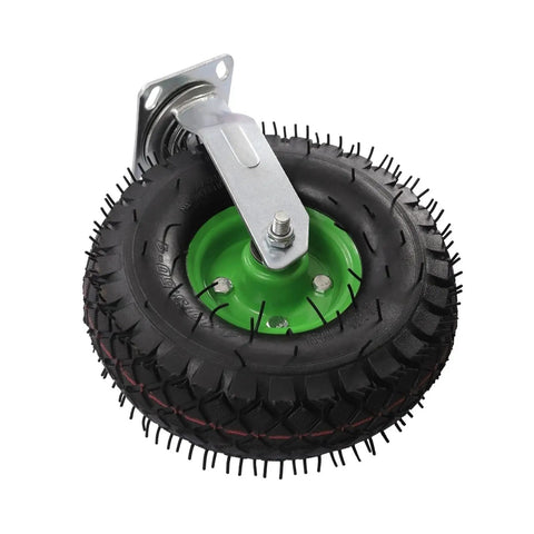 Heavy Duty 10 Inch Pneumatic Caster Set Four Piece Swivel And Rigid Wheels Ball Bearing Axles image showing a robust green and black wheel with a metallic mount.