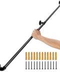 Rock Solid Six Foot Carbon Steel Staircase Handrail with Heavy Duty Wall Mounts, hand gripping pipe with screws and wall anchors.