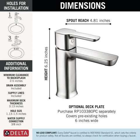 Modern Chrome One Hole Bathroom Faucet With Push-Pop Drain, Vanity Sink Faucet For 4-Inch Install product dimensions