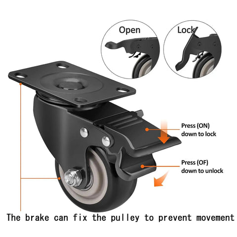 Close-up of Set Of 4 Heavy Duty Polyurethane Castor Wheels 40mm showcasing dual locking brake mechanism for secure movement.