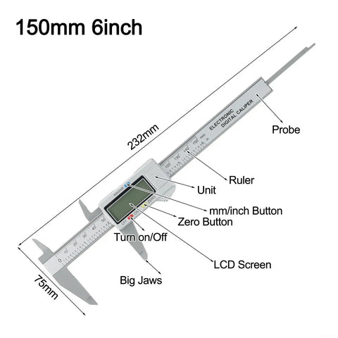 Micpointik Digital Caliper 6 Inch showing LCD screen, measuring jaws, and buttons for accurate 4-way measurements.