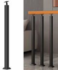 Black Wrought Iron Stair Baluster With 270 Degree Adjustable Bracket, Rock Solid Square Railing Post For Deck And Indoor Steps, Plug And Play Front Mount next to wooden countertop.