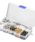 Open box showing all in one grommets and eyelets kit for leather craft and sewing 420 pcs 3mm grommets with hand tools and washers.