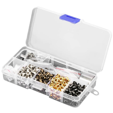 Open box showing all in one grommets and eyelets kit for leather craft and sewing 420 pcs 3mm grommets with hand tools and washers.