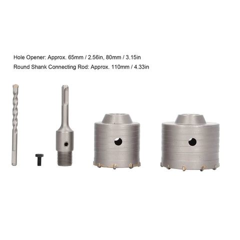 Heavy Duty 5 Piece Concrete Hole Saw Set With 65mm And 80mm Masonry Drill Bits For Brick, Stone Walls Built Tough From 45 Steel YG8 Alloy For Rock Solid Drilling Results On Jobsites Today. 65mm 80mm hole saws with shank rod