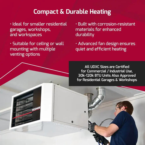 Heavy Duty Vertical Natural Gas Garage Heater Kickin Out 120000 BTU Of Knockout Warmth For Commercial Spaces And Workshops With Dependable Forced Air Flow mounted on a ceiling, showing ducting and installation.