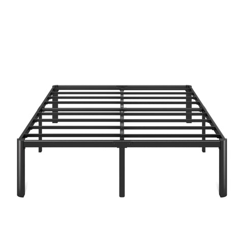Heavy Duty Steel Platform Bed For Full Size Mattresses, matte black frame with built-in slats, zero fuss assembly.