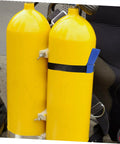 Scuba Tank Strap Harness For Easy Gear Attachment And Secure Tank Setup With A Modern Look, versatile retention strap on yellow tanks.
