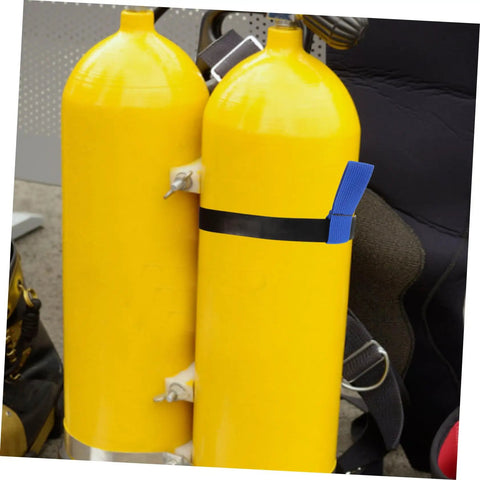 Scuba Tank Strap Harness For Easy Gear Attachment And Secure Tank Setup With A Modern Look, versatile retention strap on yellow tanks.