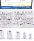 Aluminum Rivet Nut Set Kit 110Pcs Flat Head Threaded Nutsert Inserts M3 M4 M5 M6 M8 M10 in a clear organizer box