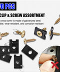 Rig Ready Automotive Screws And Clips Assortment Kit 170 Piece Set showing galvanized steel screws and black clips for durable repairs.