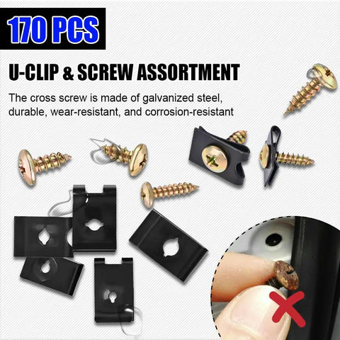 Rig Ready Automotive Screws And Clips Assortment Kit 170 Piece Set showing galvanized steel screws and black clips for durable repairs.