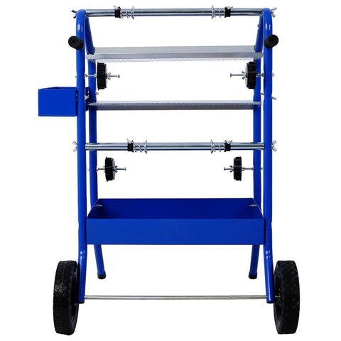 18 Inch Mobile Multi Roll Masking Paper Machine With Storage Trays The Workhorse For Painting Auto Body Jobs And Auto Shop Projects A Pro Grade Mobile Masking System For Shops And Auto Body Work, front view with steel frame and storage tray