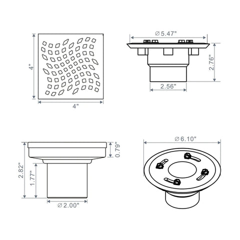 Brushed Gold Square Shower Drain With Flange 4x4 Inch Stainless Steel 304 Drain engineering schematic diagram