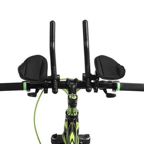 Aluminum Alloy Aero Bar Arm Rest For Bike Handlebar with ergonomic pads, thick foam padding, fits 0.9 to 1.3 inch bars, front view.