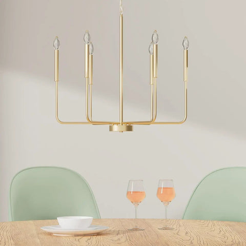 Dope Gold 6-Light Farmhouse Chandelier Ceiling Pendant Light with brushed gold finish above dining table with green chairs