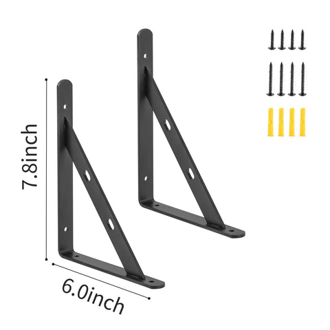 12 Pack Beefy Built Shelf Brackets 8 x 6 Inches Aluminum Alloy Wall Mount Black shown with screws and anchors for installation.
