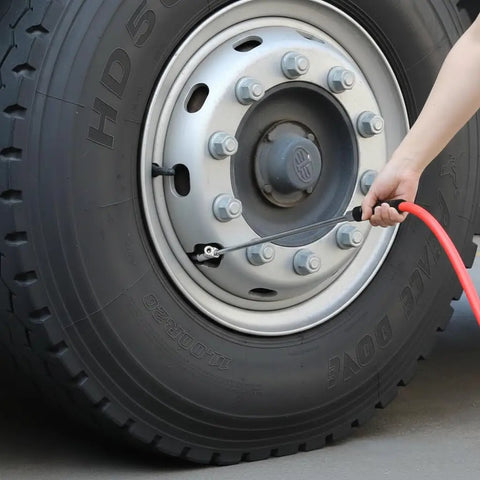 Person using Smooth Operator Truck Tire Inflator Kit Featuring 50 Foot Extended Air Hose And 200 Psi Universal Gladhand Connection to inflate truck tire.