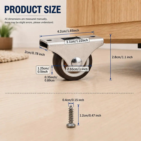Product size chart for Mini Fixed Caster Wheels Set For Small Furniture And Appliances Low Profile Non Swivel Rubber Casters