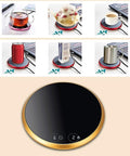 Electric Coffee Mug Warmer Heats Your Daily Brew Piping Hot With Precise Auto Timer And Dual Heat Settings Built From Scratch Safe Tempered Glass, showing various beverages on a warming surface.
