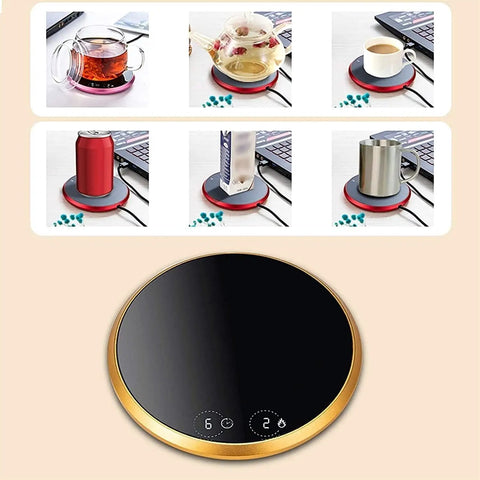 Electric Coffee Mug Warmer Heats Your Daily Brew Piping Hot With Precise Auto Timer And Dual Heat Settings Built From Scratch Safe Tempered Glass, showing various beverages on a warming surface.