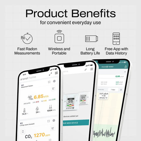 Smartphones displaying Portable Home Radon Detector With 10 Minute Readings app interface showing radon levels and environmental data
